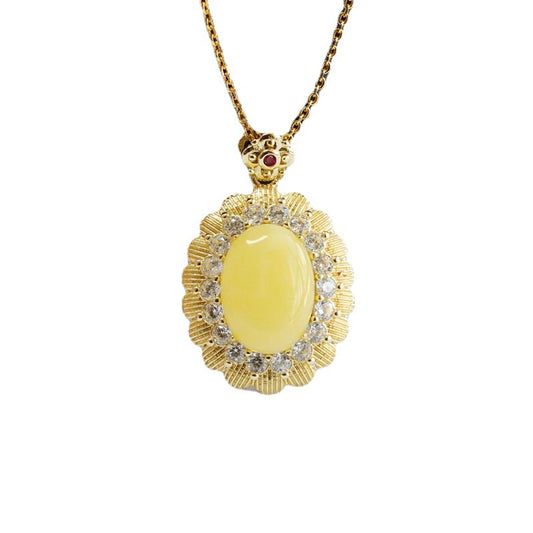Yellow Amber Beeswax Pendant with Zircon Flower Halo Necklace Jewelry