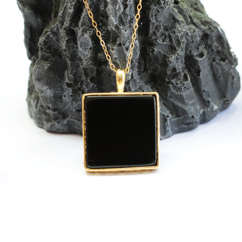Black Agate Greek-Key Peace Plaque Pendant — No Chain