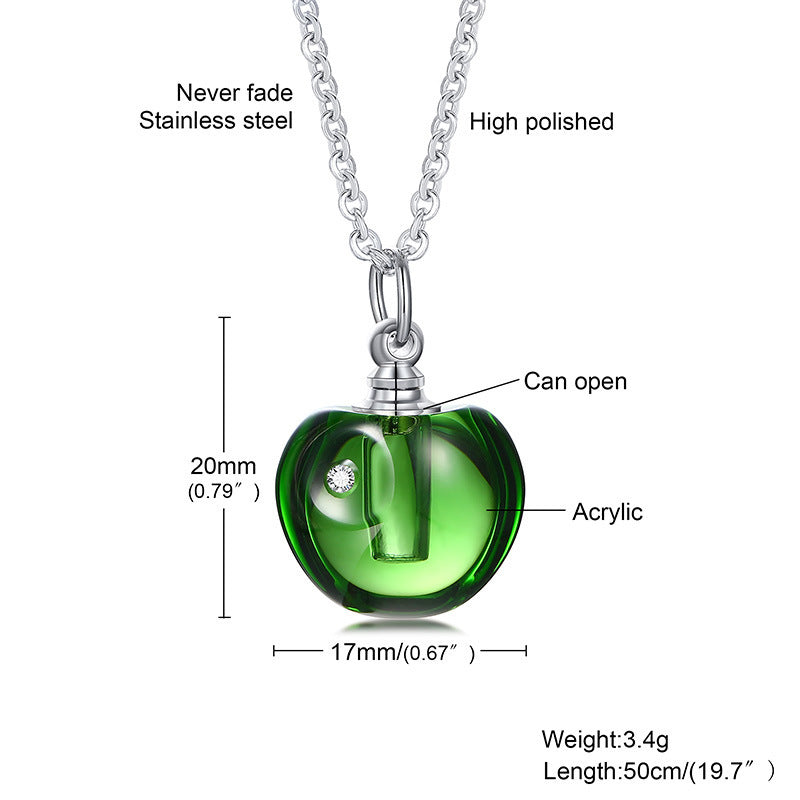 Stainless Steel Green Pink Glass Apple Urn Perfume Pendant Necklace