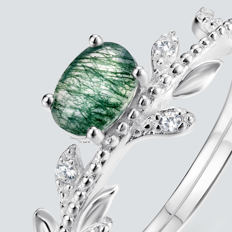Planderful Everyday Genie – Cross-border New Fashion Simple Olive Branch Ring Women's S925 Sterling Silver Inlaid Green Moss Ring Niche Design Jewelry