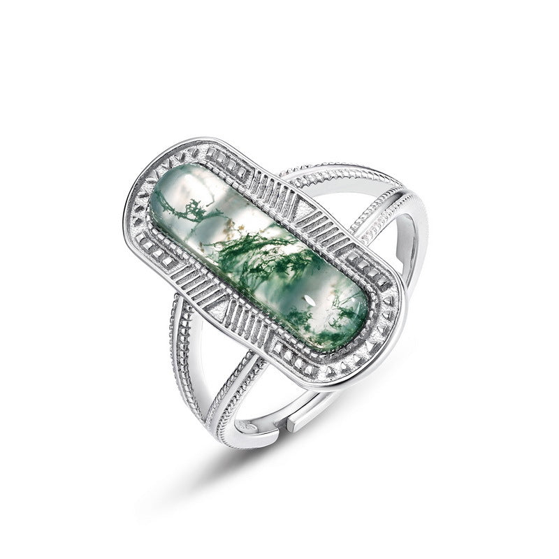 S925 Sterling Silver Moss Agate Geometric Ring