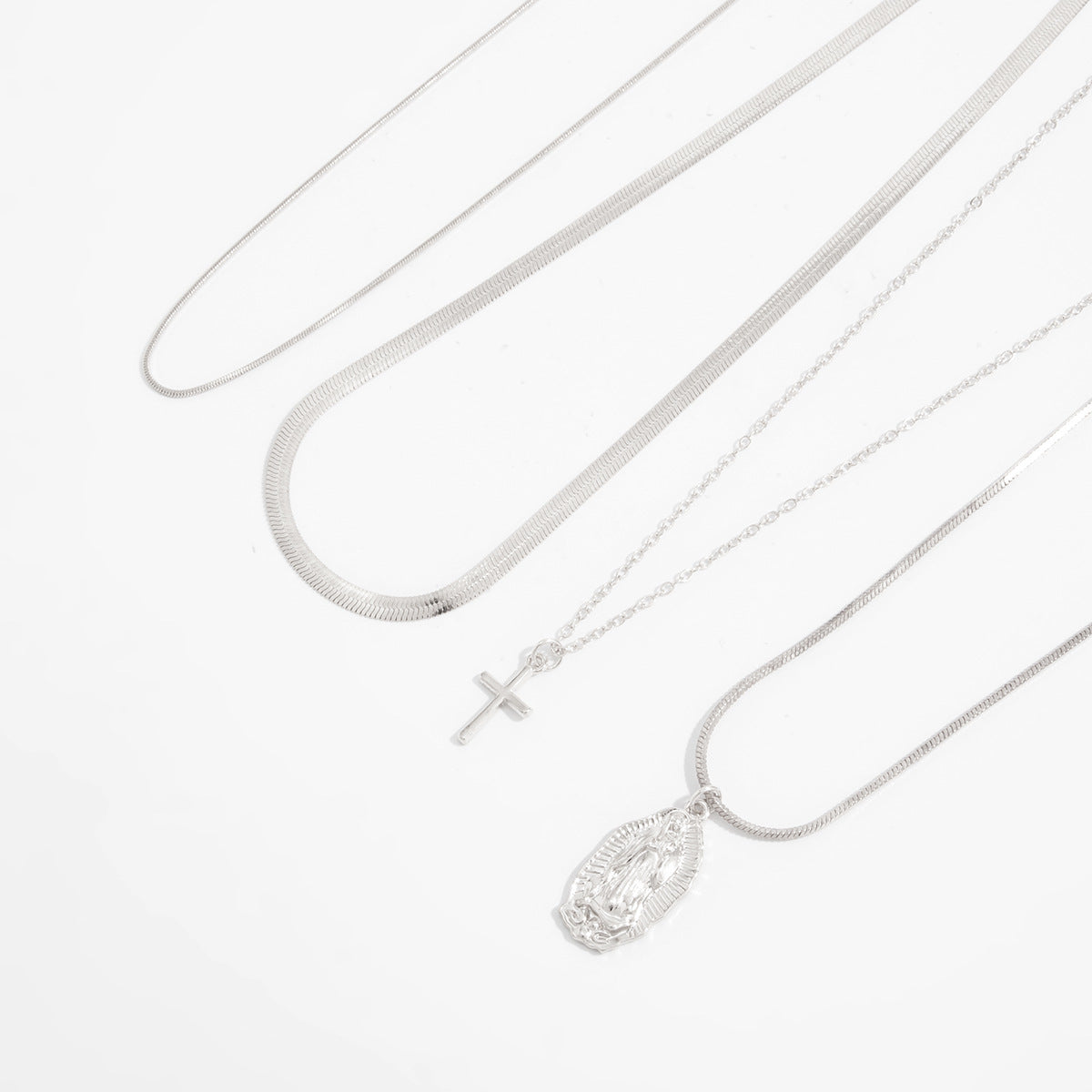 Portrait & Cross Layered Chain Necklace Set