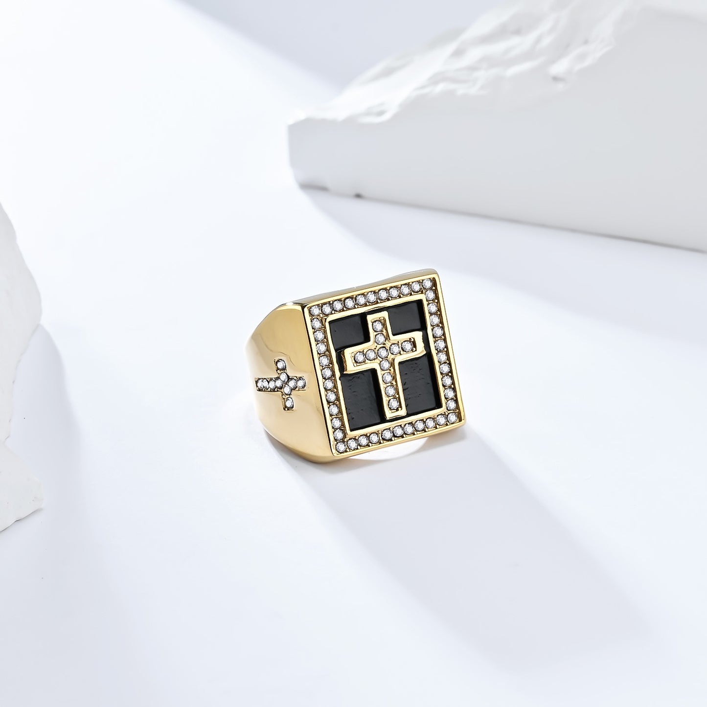 Planderful Hip Hop Ring For Men Zircon Cross Square Seal Plated Titanium Steel Bold Statement