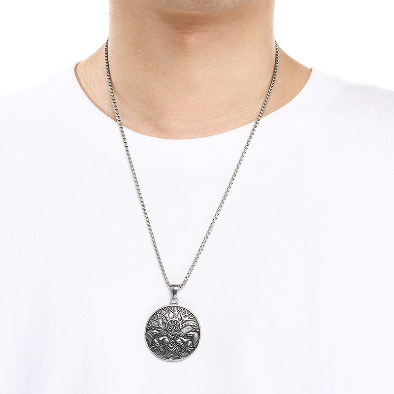 Viking Mythology World Tree Double Wolf Disc Pendant, Nordic Luhn Rune Crow Deer Necklace