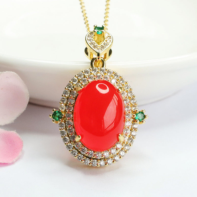 Double Halo Red Agate Zircon Golden Pendant with Oval Ice Chalcedony