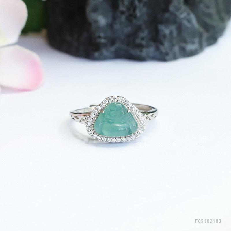 Icy Blue Jadeite Buddha Halo 925 Silver Ring