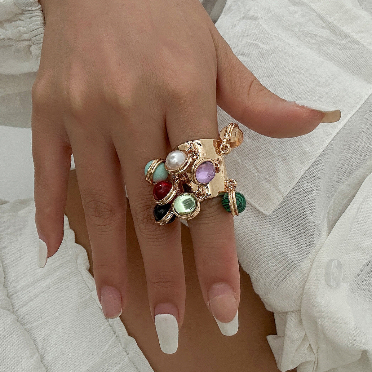 Planderful Boho Pearl Fringe Ring For Women Turquoise Accent Statement Jewelry Vienna Verve