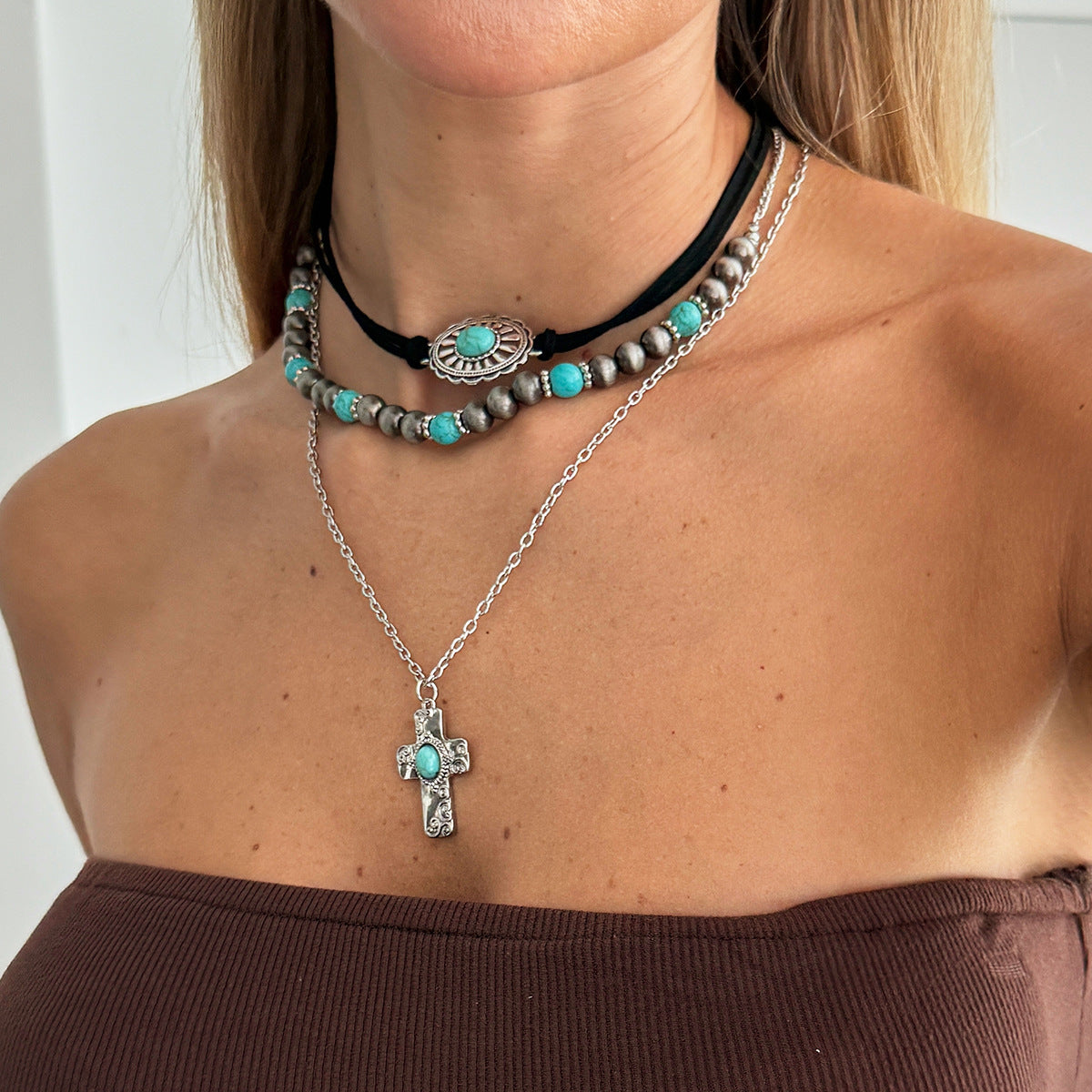 Retro Imitation Turquoise Stacked Western Denim National Cactus Cow Head Pendant Neck Necklace