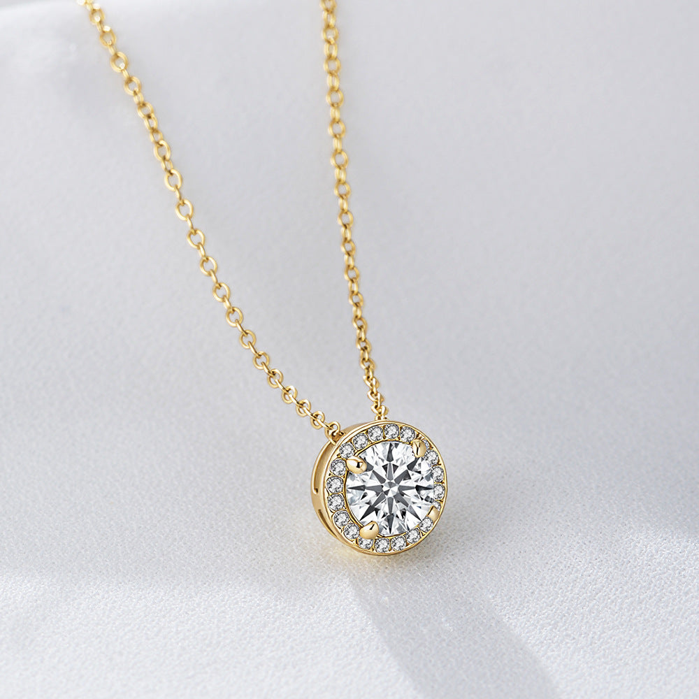 S925 Sterling Silver Inlaid Zircon Round Necklace Sense Girls