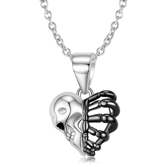 Halloween Skull and Body Skeleton Heart Pendant Silver Necklace