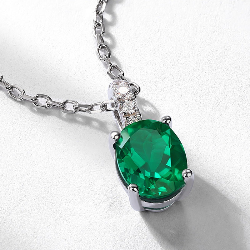 S925 Sterling Silver Lab-Grown Emerald Oval Vintage-Inspired Necklace