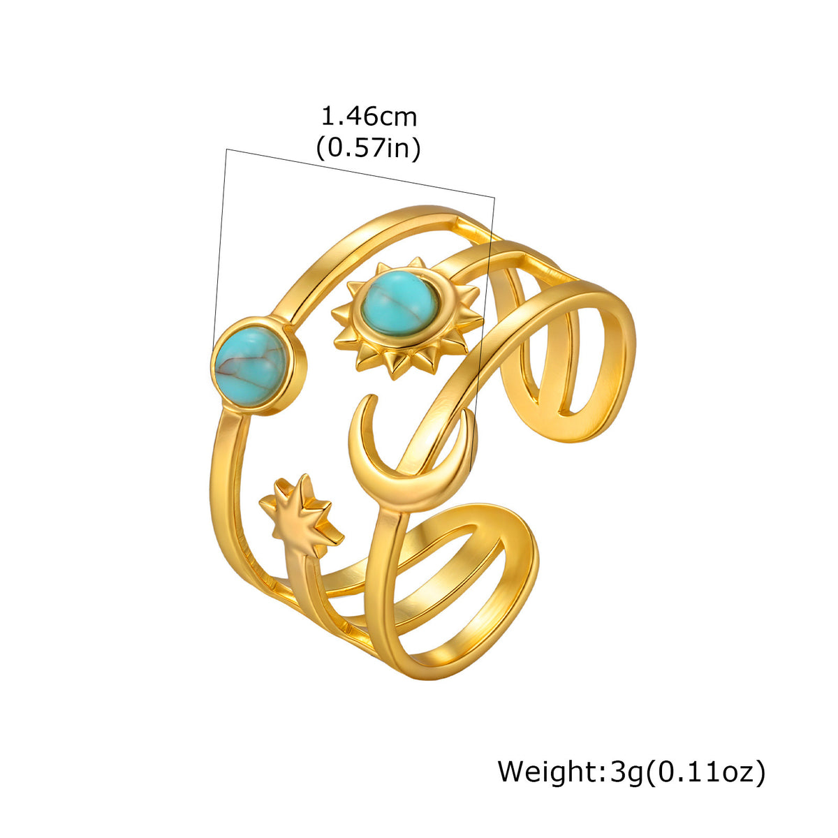 Stainless Steel Version Sweet Cool Wind Turquoise Star & Moon Three-Layer Open Ring Gold