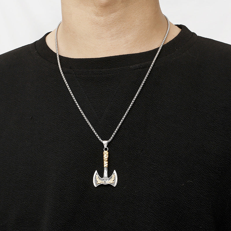 Titanium Steel Viking Crow Double-Headed Axe Pendant for Men - Nordic Mythology Inspired Hip-Hop Jewelry