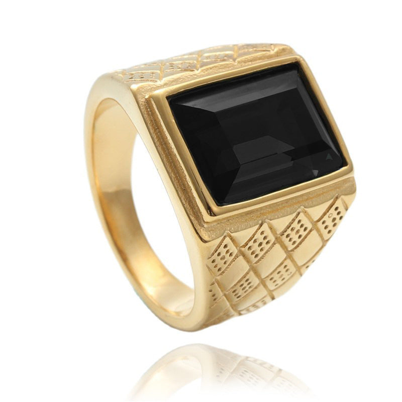 Trendy Multi-Color Zircon Titanium Steel Square Ring for Men - Retro Stainless Steel Jewelry