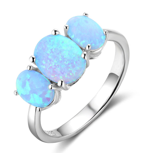 Planderful Jewelry Three Blue Oval Opal Ring In Sterling Silver S925 For Elegant Everyday Style