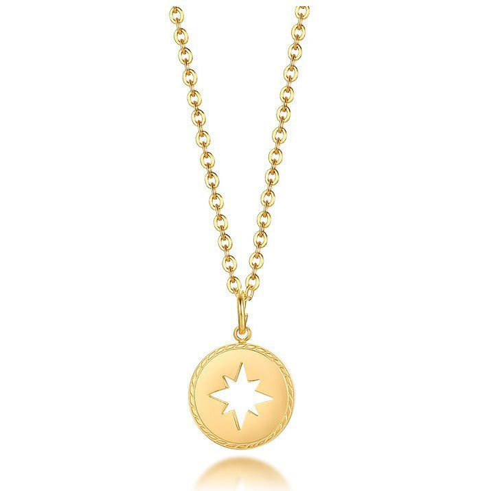 Stainless Steel Hollowed Out Star Round Pendant Necklace for Women