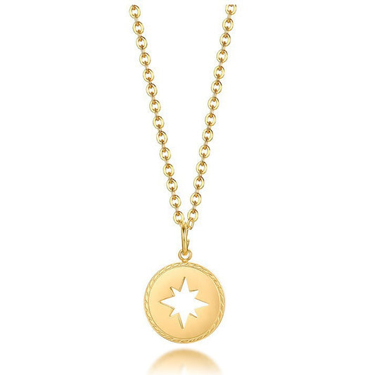 Stainless Steel Hollowed Out Star Round Pendant Necklace for Women