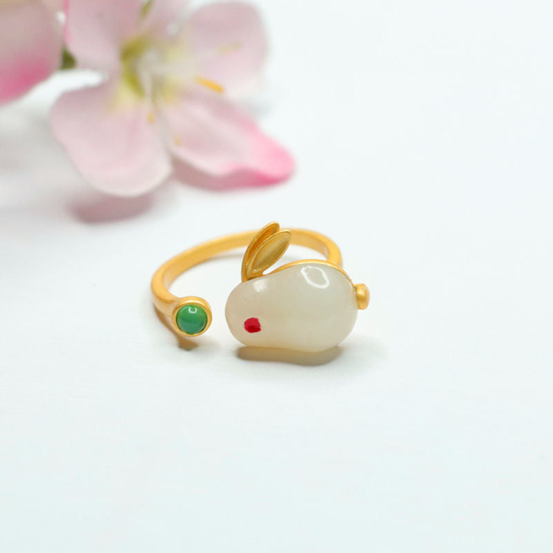 White Hetian Jade Rabbit 925 Silver Ring