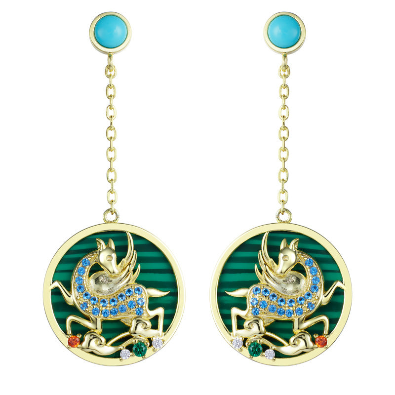 Round Turquoise Pendant Winged Horse Zircon Sterling Silver Drop Earrings