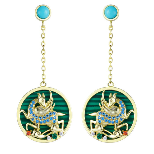 Round Turquoise Pendant Winged Horse Zircon Sterling Silver Drop Earrings