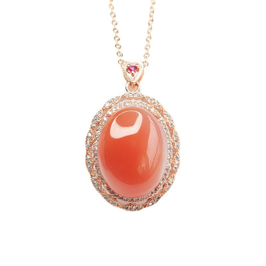 Pigeon Egg Agate Pendant with Double Zircon Halo Necklace