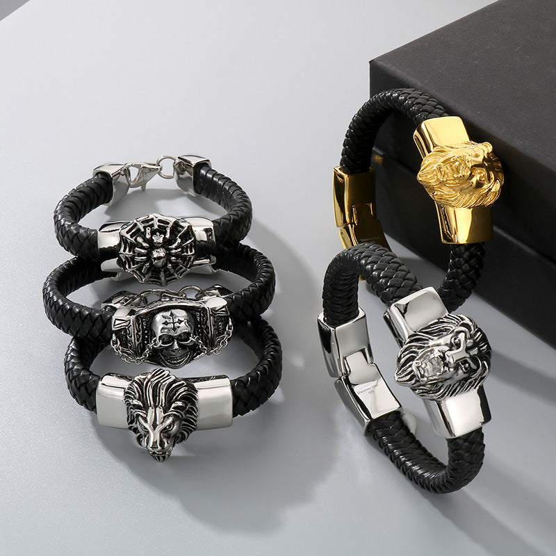 Two-Layer Leather Woven Bracelet – Casting Lion Head Snake Head Ghost Head Titanium