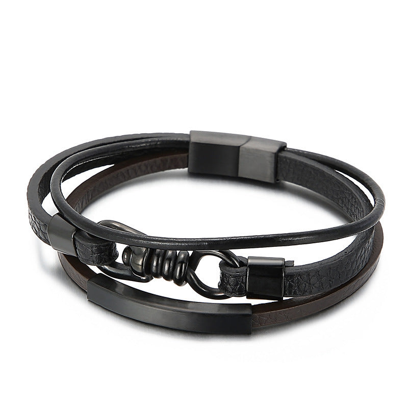 Planderful Mens Leather Titanium Steel Bracelet Punk Style