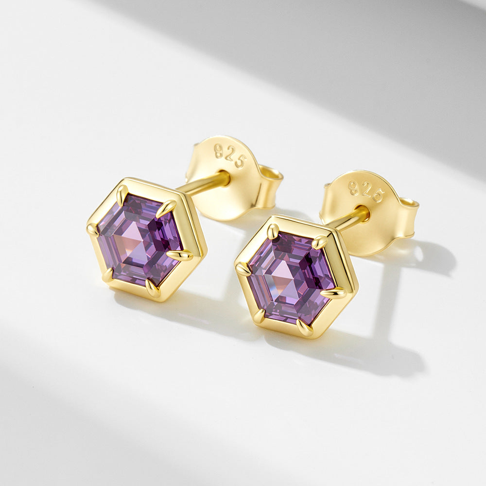 Geometric Hexagonal Amethyst Zircon Sterling Silver Stud Earrings 'S Color