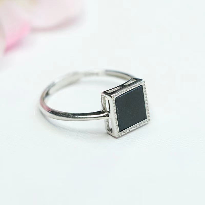 Icy Dark Jadeite Square 925 Silver Ring