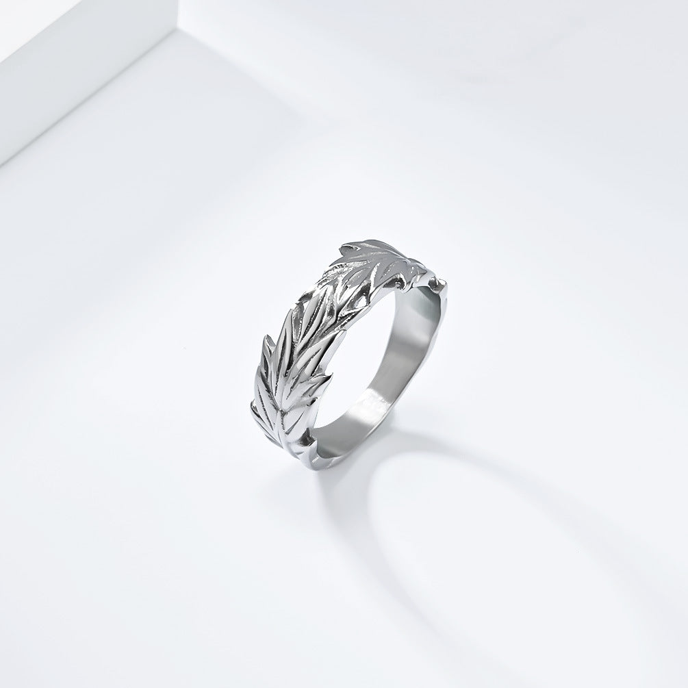 Retro Neutral Hemp Leaf Stainless Steel Ring for Men
