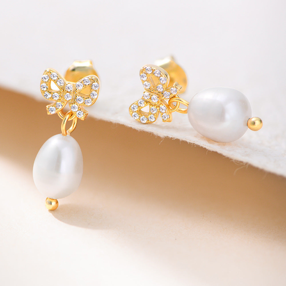 Planderful Sterling Silver Pearl Earrings With Natural Pearl And Zircon Bow Pendant For Women Elegant