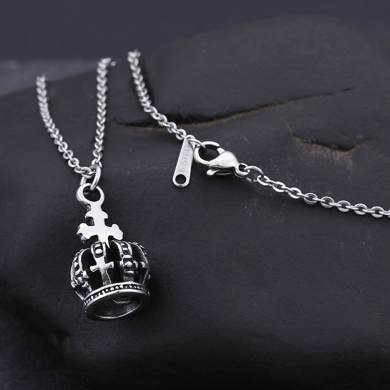 Royal Cross Crown Pendant - Vintage Punk Style Titanium Steel Men's Necklace