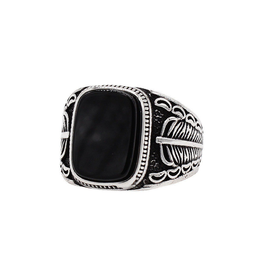 Planderful Everyday Genie Men Titanium Steel Ring With Feather Gem Design Unisex Protection Statement