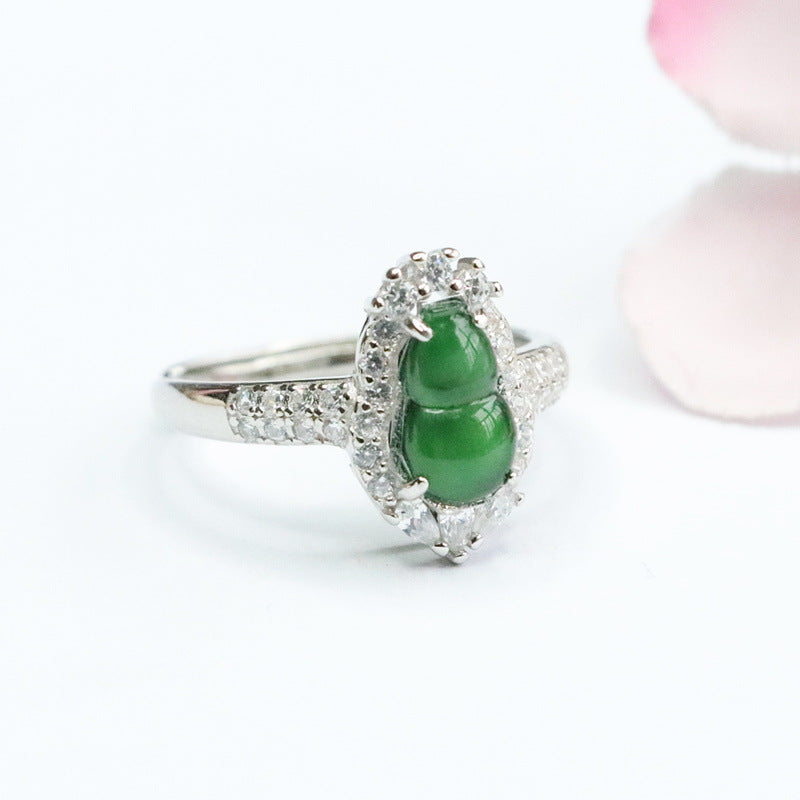Icy Green Jadeite Gourd 925 Silver Ring