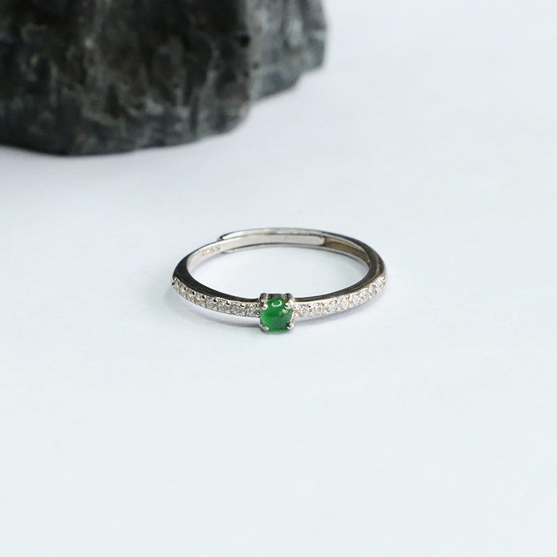 Emperor Green Jade and Zircon Sterling Silver Ring