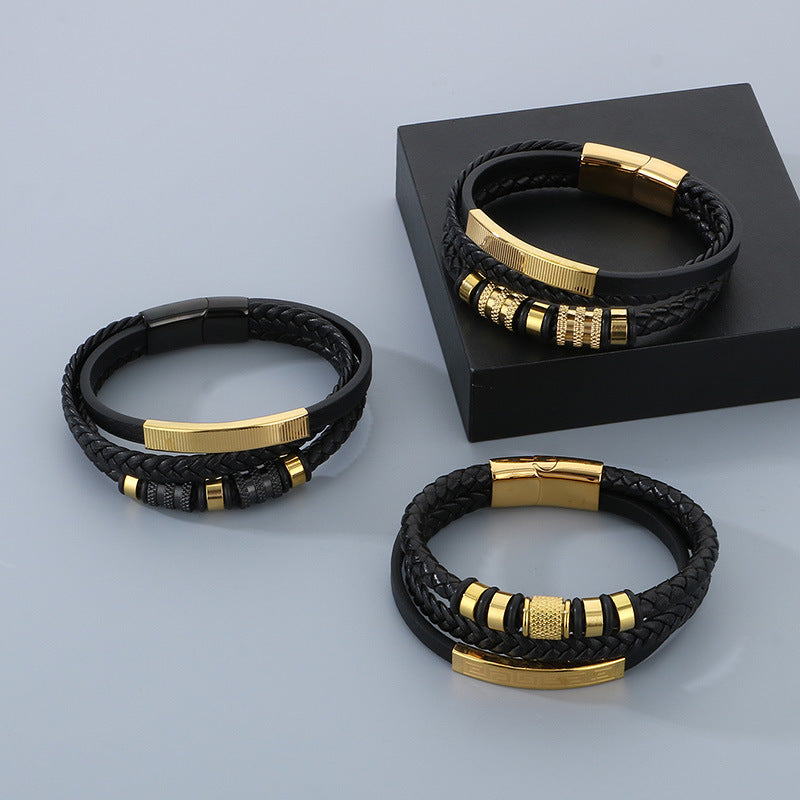 Planderful Mens Multi Layer Leather Magnetic Bracelet
