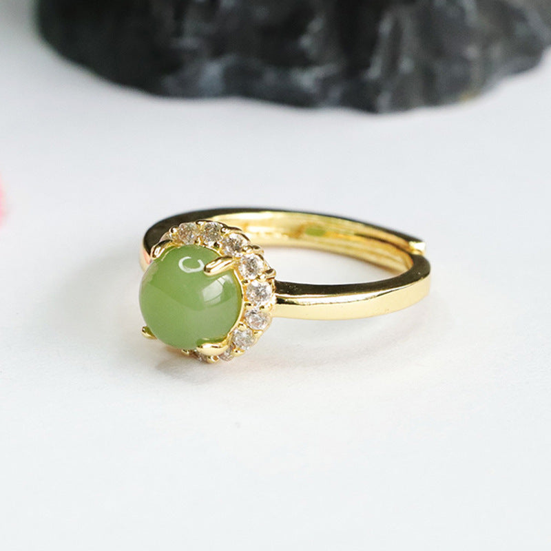 Elegant Hotan Jade and Zircon Halo Sterling Silver Ring