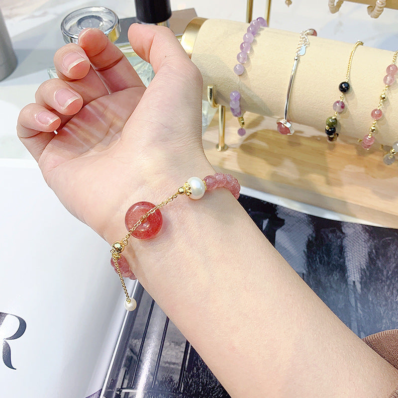 Strawberry Crystal and Freshwater Pearl Sterling Silver Bracelet with Safe Buckle