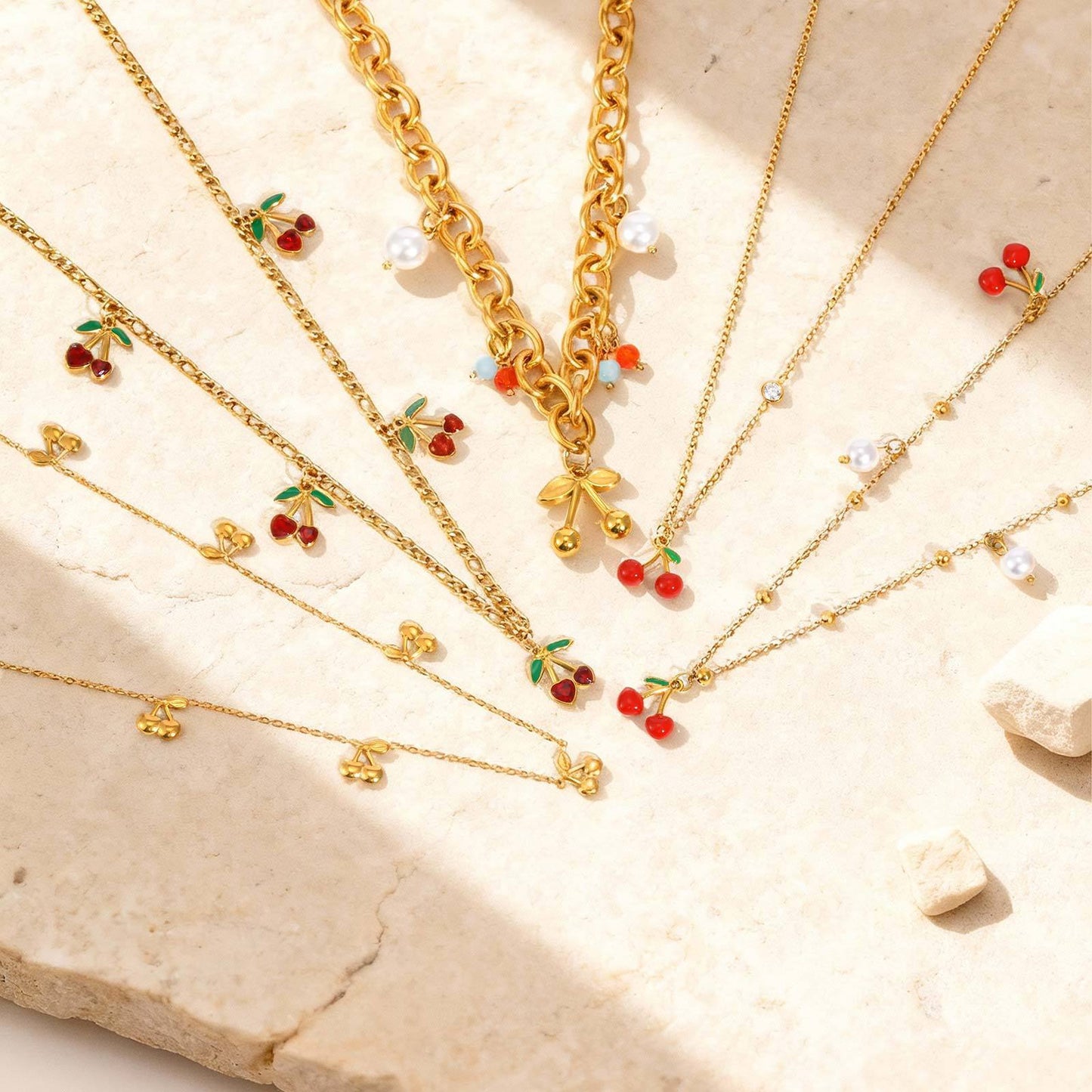Stainless Steel Sense Zircon Glue Cherry Necklace Crystal Bead Gold