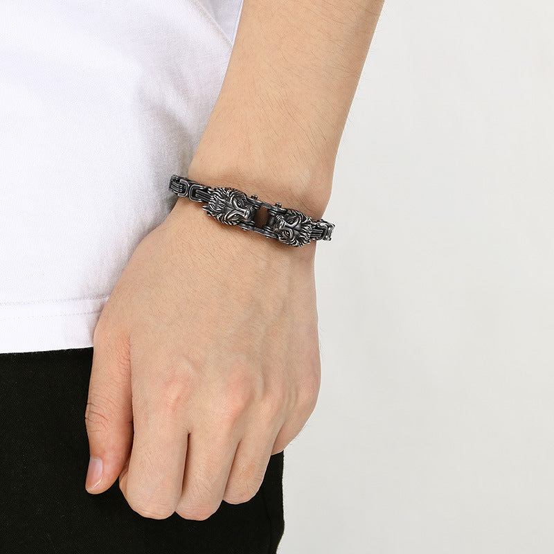 Oxidized Lion Head Emperor Chain Titanium Steel Men's Bracelet