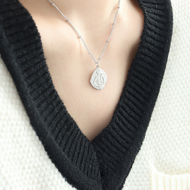 Golden Embossed Portrait Pendant Necklace - Stylish Titanium Steel Chain