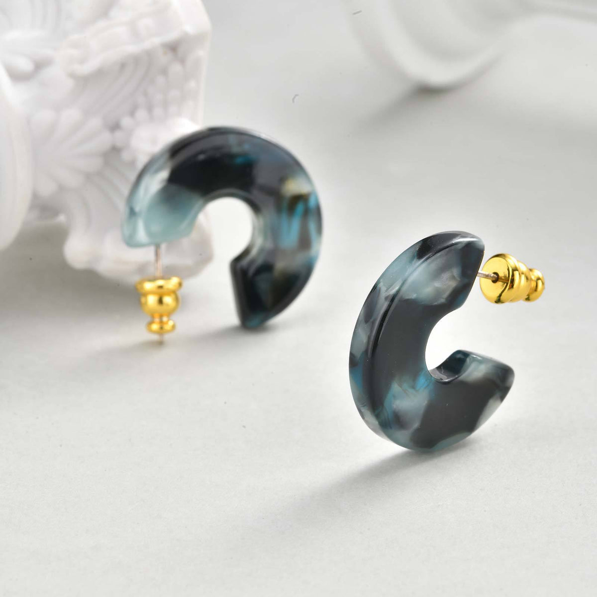 Dark Teal Marbled Resin Open Hoop Earrings