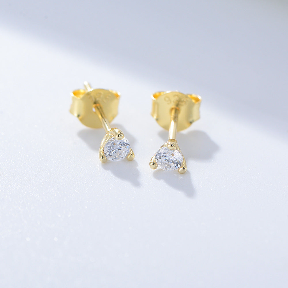 S925 Sterling Silver Three-Claw Round Zircon Stud Earrings Mini Earrings Trinkets