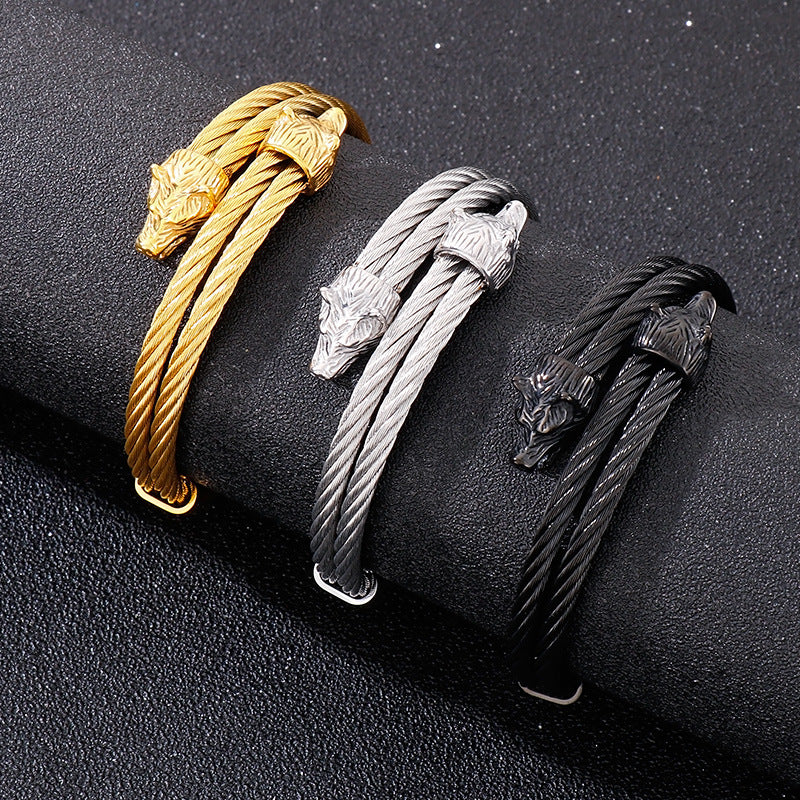 Steel Wire Double Wolf Head Titanium Steel Men's Bracelet