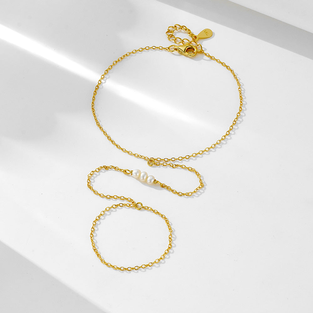 S925 Sterling Silver Natural Pearl Finger Chain Elegant Bracelet