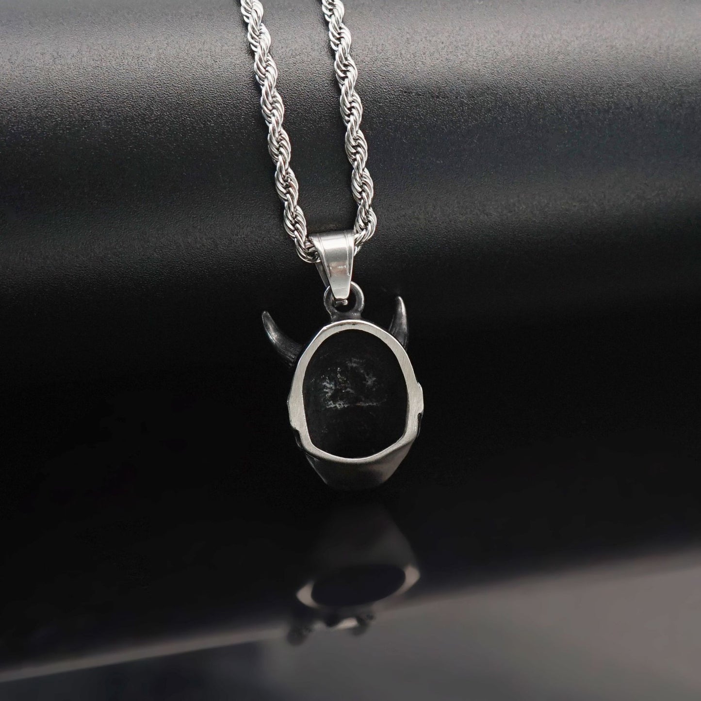 Steel Necklace – Vintage Long Horn Ghost Mask Pendant