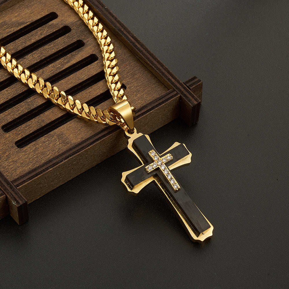 Planderful Titanium Steel Cross Pendant Necklace Three Layer Zircon Men Punk Style