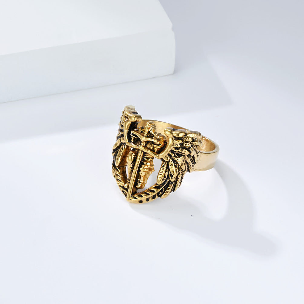 Planderful Everyday Genie St Michael Ring With Angel Wings Cross Bold Unisex Jewelry