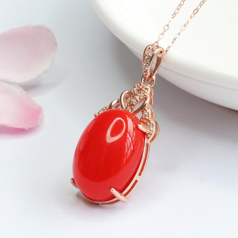 Rose Gold Necklace with Agate Pendant and Zircon Accents