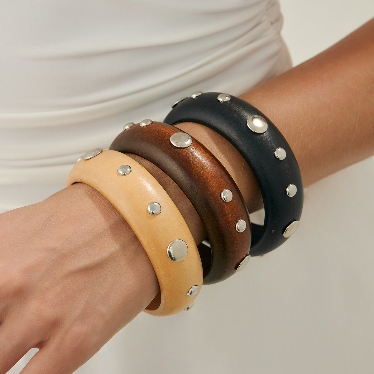 Cold And Exaggerated National Style Wooden Wide Bracelet Star Geometric Rivet Bracelet